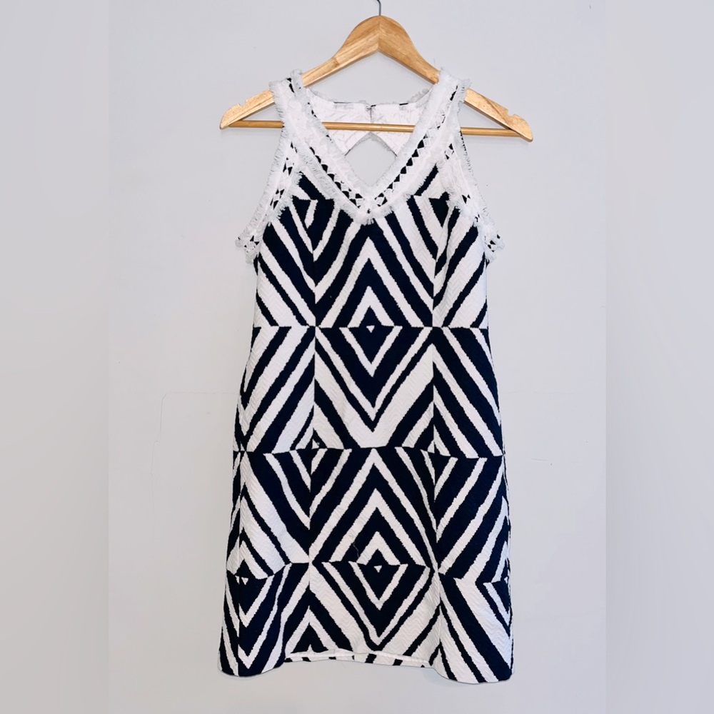 TAYLOR Jacquard Navy & White Cotton Dress sz 6 - Picture 2 of 12